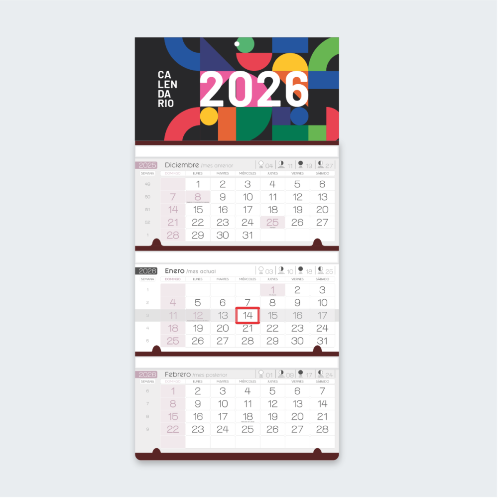 Calendario de pared numérico 2026 de 3 cuerpos